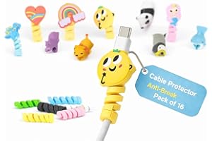 DYNAMOLL Protector Cable Cargador Movil - 16 Protectores de Cable USB iPhone Tipo-C Raton Sujeta Cables Diseños Unicos - Proteccion Divertida para Cargadores de Cables de Moviles Celulares Ordenadores.
