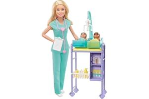 Barbie Métiers coffret poupée Pédiatre blonde avec cabinet médical, deux bébés et accessoires, jouet pour enfant, GKH23