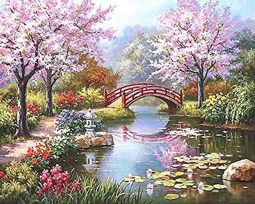 Finesdear Paint by Numbers Kit without Frame 16x20 inches Diy Oil Painting with Acrylic Pigment (Cherry Blossoms Lake)
