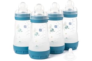 MAM Easy Start Lot de 4 biberons anti-coliques auto-stérilisants MAM à débit moyen Taille 2 + 1 tétine à débit rapide Taille 3 Bleu