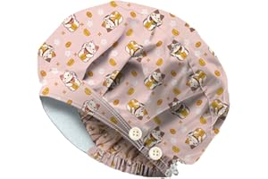 DELORIGIN Lucky Cat Bouffant Scrub Caps with 4 Buttons Cotton Adjustable Nurse Scrub Hats with Sweatband Working Surgical Caps for Women Men Nursing Make Up Cooking Head Cover One Size Fits All