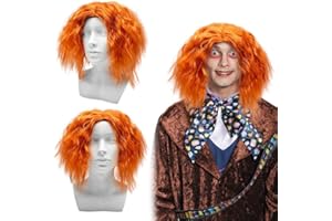 UILYNIU Verrückter Hutmacher Perücke Orange Herren Perücke Kurz Lockige Perücke Hutmacher Kostüm Herren, Clown Perücke, 70er 80er Kostüm Perücke für Party Cosplay Halloween Karneval (Orange)