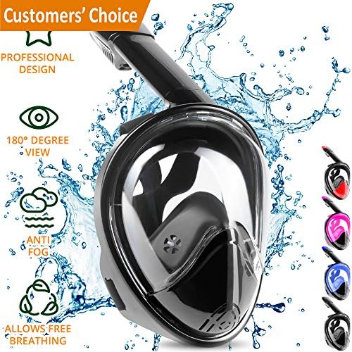 Full Face Snorkel Mask – Easybreath Snorkeling Mask – Breathe Both Your Nose &amp; Mouth – Eliminates Gagging, Improves Safety &amp; Comfort, and Fits Perfectly – Shatterproof Glass(Black, L/XL)