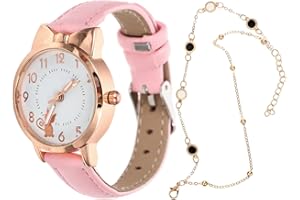 Gatuida Girls Wrist Watches and Bracelet: 2pcs Cartoon Quartz Watch with Leather Strap Watches Beaded Charm Chain Bracelets Cute Watches Casual for Girls Birthday