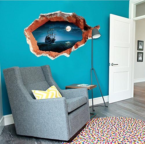 3D Style Broken Wall Boat Vinyl Wall Decal Home Sticker Paper Removable Living Dinning Room Bedroom Kitchen Art Picture Murals DIY Stick Girls Boys kids Nursery Baby Playroom Decoration