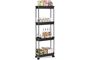 ‎WASJOYE WASJOYE Schmaler Rollwagen mit 4 Ebenen, Küchenregal Und Nichenregal auf Rollen, Küchenwagen Kunststoff, Servierwagen auf Haken, Regal auf Rollen für Küche, Schlafzimmer, Büro, Badezimmer（Schwarz）