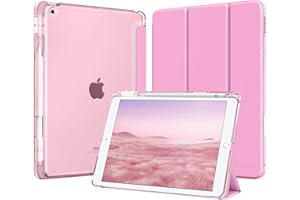 MoKo Funda para iPad 9.ª/8.ª/7.ª Generación 10,2 Pulgadas 2021/2020/2019 con Portalápices, Ligera y Delgada con Soporte Trifold y Cascara Traslúcida PC Duro, Auto Activación/Reposo, Rosa