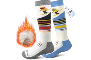 Findway 2 Paar Merinowolle Skisocken Kinder, Winter Snowboarding Atmungsaktive Thermosocken mit Über die Wade Design/Anti-Rutsch-Bündchen für Mädchen/Jungen für Outdoor-Sportarten