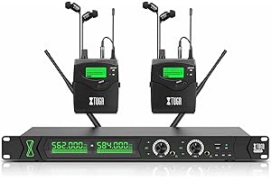 XTUGA RW2090 Wireless in Ear Monitor System, Mono IEM Monitoring with Dual Channel 2 * 100 Frequencies, 230ft(70m) Operation, Bluetooth Earphone Fit for Stage, Studio and Band (2 Bodypacks)