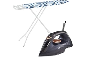 GEEPAS Steam Iron & ROYALFORD Ironing Board Set | 2400W Ceramic Soleplate Adjustable Steam Control 220ml Water Tank | 114x33cm Foldable Board with Cotton Cover Height Adjustment Iron Rest