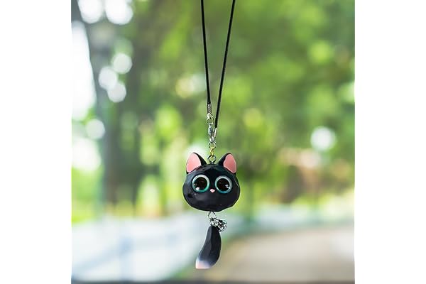 Ornements de Voiture,Mignon Chat Chaton Pendentif Miroir de Voiture Rétroviseur Ornements Suspendu De Voiture Miroir de Voiture Accessoires Cadeaux d'anniversaire Décoration Charme Suspendu,Noir