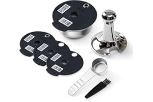 RECAFIMIL Filtre à café réutilisable avec tamper, dosettes en acier inoxydable avec 4 couvercles en silicone noir, 60/180/200/220 ml, compatible avec les machines Bosch Tassimo