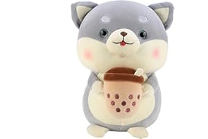 Waslary Shiba Inu Peluche per cani con tè al latte, 23 cm, Shiba Inu Plush Kawaii Plushie, giocattolo di peluche per bambini, amici, Natale, compleanno (grigio)
