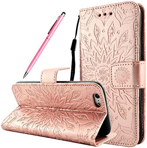iPhone 6 6S Case, Fraelc® iPhone 6S [Mandala Henna Flower Pattern] Leather Wallet Flip Stand Book Cover Anti- Shock Design Magnetic Closure Leather Bag Case with Credit ID Card Slots Holders for iPhone 6 / 6S 4.7 Inch, Rose Gold