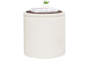 Bonlife Round Ottoman Stool with Storage, Folding Footstool with Lid,Boucle Vanity Stool for Living Room,Bedroom,Entryway,White,43x43x45cm