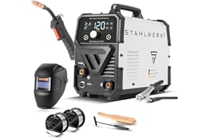 STAHLWERK Schweißgerät Mini FLUX 120 ST Digital – Vollausstattung – Fülldrahtschweißen ohne Schutzgas bis 120 A, kompakt, synergischer Drahtvorschub, mit LED-Licht, Lift-TIG- und MMA/ARC-Funktion