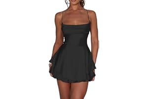 LouVasabuce Satin-Kleid für Frauen, sexy, rückenfreies, kurzes Kleid mit Rundhalsausschnitt, zum Binden am Hals, Schichtenkleid mit Spaghetti-Träger, Jumpsuit, Minikleid