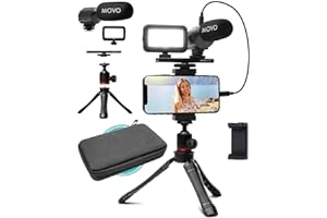 Movo iVlogger Zestaw do iPhone'a: Zestaw do vlogowania kompatybilny z Lightning - Akcesoria: Mikrofon kierunkowy, światło LED, statyw do telefonu i uchwyt na telefon - do Youtube