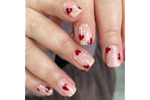 TMUT 24pcs Short False Nails Red Heart Stick on Nails Nude Press on Nails Removable Glue-on Nails Fake Nails Women Girls Nail Art Accessories