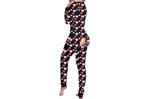Blingko Combinaison Pyjama pour Femmes Une Pièce Jumpsuit à Rabat Sexy Fonctionnelle boutonné Impression d'amour Valentin Adultes Barboteuses Sexy Col V Manches Longue vêtements de Nuit