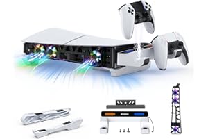 NexiGo PS5 Slim Horizontal Stand with Charging Station, Silent Enhanced RGB Cooling Fan, LED Indicator, White