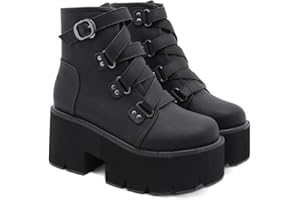 ULALAZA Damen Goth Plattform Stiefeletten Schnallen Chunky Block Keil Seite Reißverschluss Heels Runde Zehe Punk Motorrad Bequeme Kurze Gothic Booties High Heel Lace Up Studded Stacked