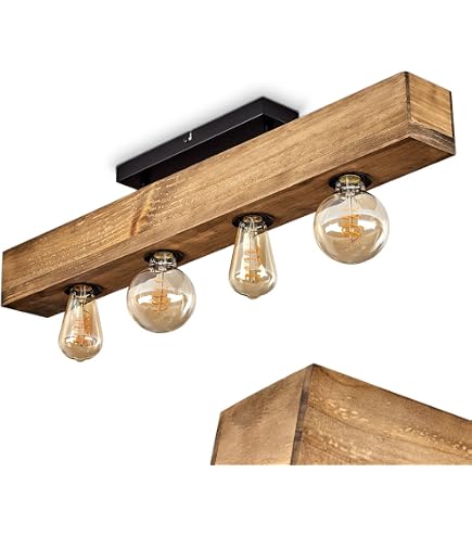 Qazqa Deckenleuchte Reena - 4-flammig, Industrie-Design, Holz & Stahl, Dimmbar, E27