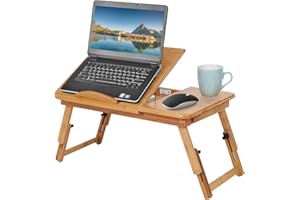 COCOARM Bambusowe biurko na laptopa, regulowany stojak na laptopa, stolik do łóżka, przenośny stół śniadaniowy, taca na łóżko, wielofunkcyjny stół z odchylaną górną szufladą do przechowywania dla rodzin