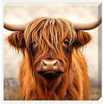 Brown Solo Highland Cow In Field Canvas Scottish Wall Art Bright ...