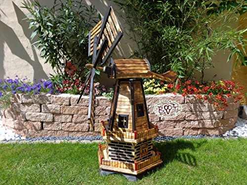 Holz & Garten Windmühle 130 cm, zweistöckig 2 Balkone aus Holz, garten windmühlen, behandelt / imprägniert, Seitenruder/Windfahne, komplett mit Solar, Solarbeleuchtung DOPPEL-SOLAR LICHT WMH130ng-MS 1,30 m groß in schwarz / dunkel feuer-geflammt (echt geflammt / gebrannt), NATUR-GEFLAMMT - 2