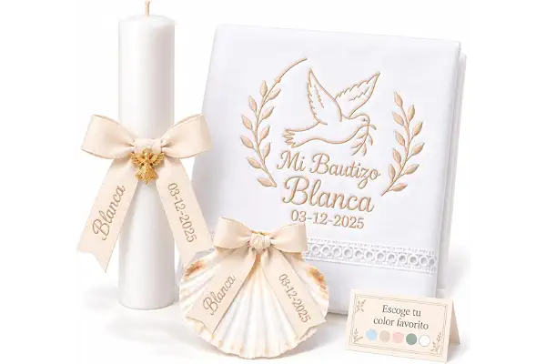 Kit de Bautizo Personalizado | Vela Artesanal con Lazo, Pañuelo Bordado y Concha Bautismal | Pack Premium Bautismo,Toalla de Bautismo Bordada, Concha Marina