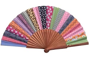 Tusitala Barcelona Abanico Español Patchwork - Madera y Algodón - 23 cm - Estuche y Funda de Yute - Accesorio de Moda - Hecho a Mano en España - Eventos y Regalos - Colección Patchwork
