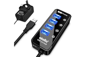 atolla USB Hub with 4 USB 3.0 SuperSpeed Data Ports and 1 USB Smart Charging Port, USB Splitter with Individual On/Off Switches and 5V/3A Power Adapter