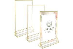 WeeGoo 3 Pack A5 Acrylic Sign Holder with Gold Borders, Double Sided Table Menu Holders, Clear Plastic Display Sign Stands for Restaurant, Store, Hotel Display