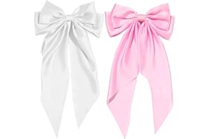 FNZBSY 2 Pcs Big Hair bow,Hair Bows for Women, Bow Hair Clip, Elegant Solid Color French Barrette Bows For Hair With Long Silky Satin Hair Barrettes Accessories Bow Hair Clips for Women Girl（White+Pink）