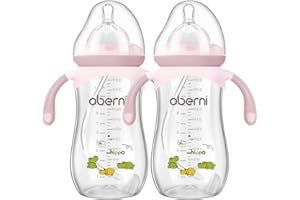 Oberni Anti-Colic Baby Bottles, 330ml / 11oz Weigthed Toddler Milk Feeding Bottles with Size “+” Variable Flow Teat for 12m+, Pink/Pack of 2
