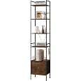 Furologee Libreria A 5 Ripiani Con Luci LED E Schienale - Stretta E Alta 140 Cm, In Metallo E Legno Bianco, Angolare