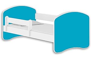 ‎ACMA Jugendbett Kinderbett mit einer Schublade mit Rausfallschutz und Matratze Weiß ACMA II 140 160 180 (140x70 cm, Weiß - Blau)