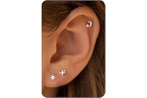 HANLI 3 Pairs Silver Flat Back Earrings for Women Hypoallergenic Sterling Silver Post Helix Piercing Jewellery Small Butterfly Cross Star Lightning Moon Stud Cartilage Earring Gifts for Teenage Girls