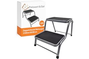 ‎PREISWERT & GUT Preiswert & Gut Doppeltrittstufe Wohnwagen aus Stahl – rutschfeste Trittstufe mit 2 Höhen (20/38 cm) Ideal für Camping, Wohnmobil & Caravan 2 Stufen bis maximal 150 kg Traglast