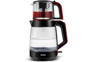 Karaca Macchina da tè turca, bollitore elettrico con controllo della temperatura 2,2 l e teiera in vetro con infusore 0,9 l, macchina da tè multifunzione 1900 W, rosso