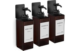 Anhow 3 Pièces Distributeur Savon Mural, Distributeur Savon 500ml en PETG pour Cuisine Salle de Bains avec Étiquettes - Brun