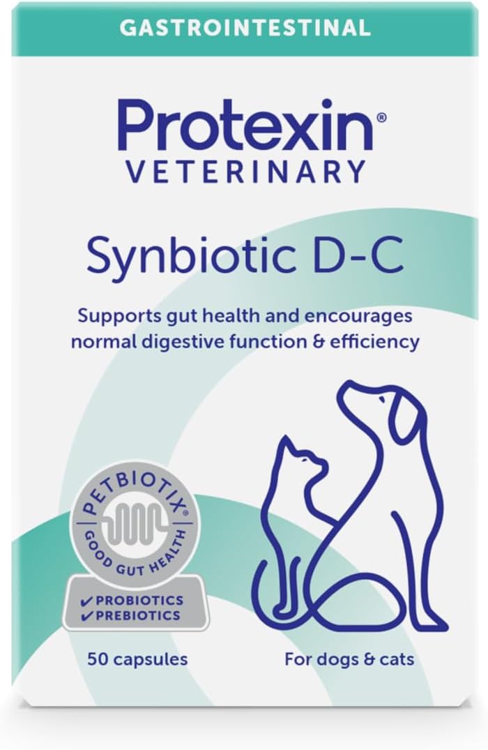 Protexin Veterinary Synbiotic D-C Capsules, High-Concentrated Probiotic & Prebiotic Supplement for Dogs & Cats, Supports Gut Health, Digestion, 50 One-a-Day Capsules