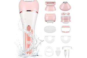 AOFESEL Epilateur Electrique Femme, 6 en 1 Rasoir Electrique sans Fil, Affichage LED, Sec et Humide, Epilateur sans Fil Bikini Rechargeable avec Brosse Exfoliante, Brosse de Nettoyage, Tête de Massage (Rose)