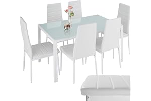 TecTake® Set di Mobili per Sala da Pranzo, 6 Sedie in Similpelle Resistente, Tavolo con Piano in Vetro, Design Moderno, Piedini SalvaPavimento, Ideale per Cucina e Soggiorno - Bianco