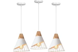 TOKIUS Lot de 3 Suspensions Luminaires Modernes Industrielles Bois Lustre Abat-jour Métal Vintage forme Cage Ø25cm Plafonnier E27 Design pour Cuisine Chambre Salon