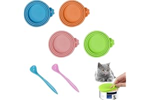 AOMiGT Tapas para latas de alimentos para mascotas, 4 unidades, universales, de silicona, para mascotas, con 2 cucharas, tapa universal 3 en 1 para comida para gatos, comida para perros