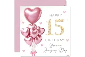 STUFF4 15th Birthday Cards for Girls - Pink Glitter Balloons - Happy Birthday Card for 15 Year Old Girl Niece Cousin Great Niece Goddaughter, 145mm Bday Greeting Cards