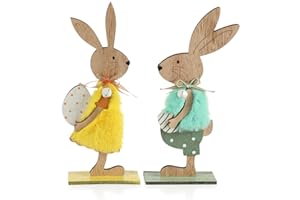 com-four® 2x Supporti Decorativi per Pasqua - Coppia di Coniglietti Pasquali con Uova di Pasqua - Coniglietti Pasquali da Stare in Piedi - Decorazione Pasquale in Legno (2 pezzi - giallo/blu)