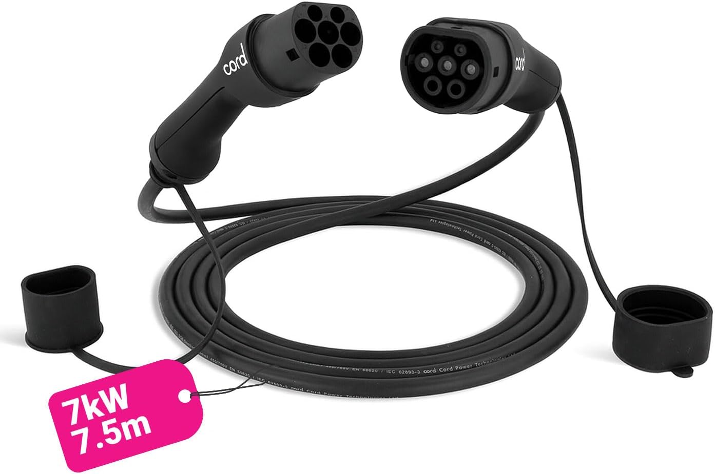 Cord Type 2 to Type 2 EV Charging Cable, 32amp, 7.4kW, 7.5 Metre, Single Phase, Black & White